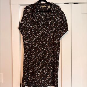 Black Short Sleeve Button-Front Dress with Multicolor Dot Print